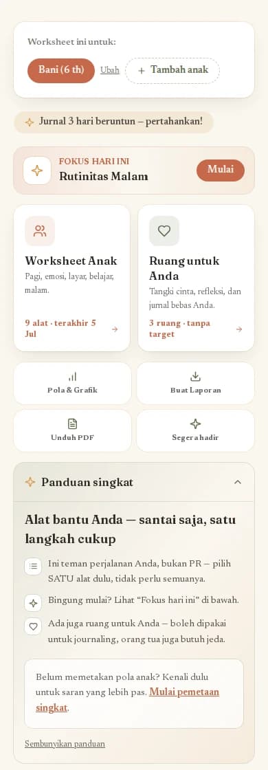 Dasbor aplikasi worksheet: fokus hari ini, pintu Worksheet Anak dan Ruang untuk Anda, serta tombol Pola & Grafik