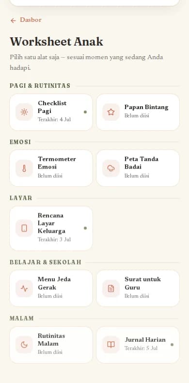 Pintu Worksheet Anak: alat-alat dikelompokkan per momen hari — pagi, emosi, layar, belajar, malam