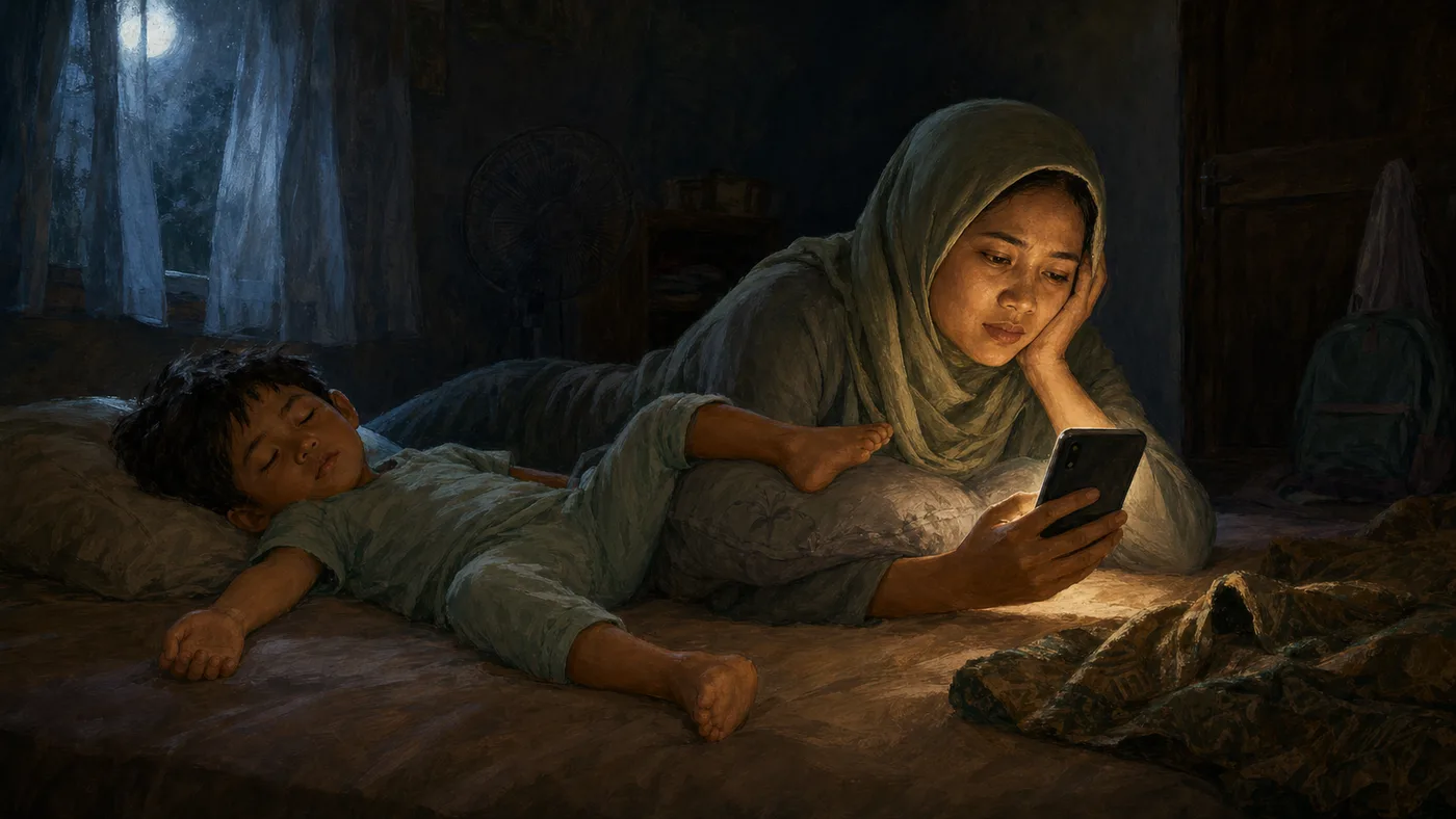 Di kamar yang gelap, seorang ibu berbaring miring dengan wajah diterangi cahaya lembut layar ponsel, membaca dengan mata sungguh-sungguh, sementara putranya tertidur pulas melintang di sebelahnya.